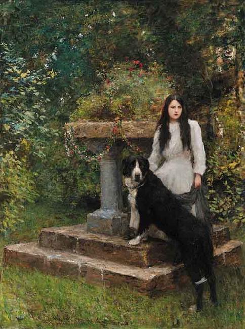Sir Hubert von Herkomer,RA,RWS A young girl and her dog Sweden oil painting art